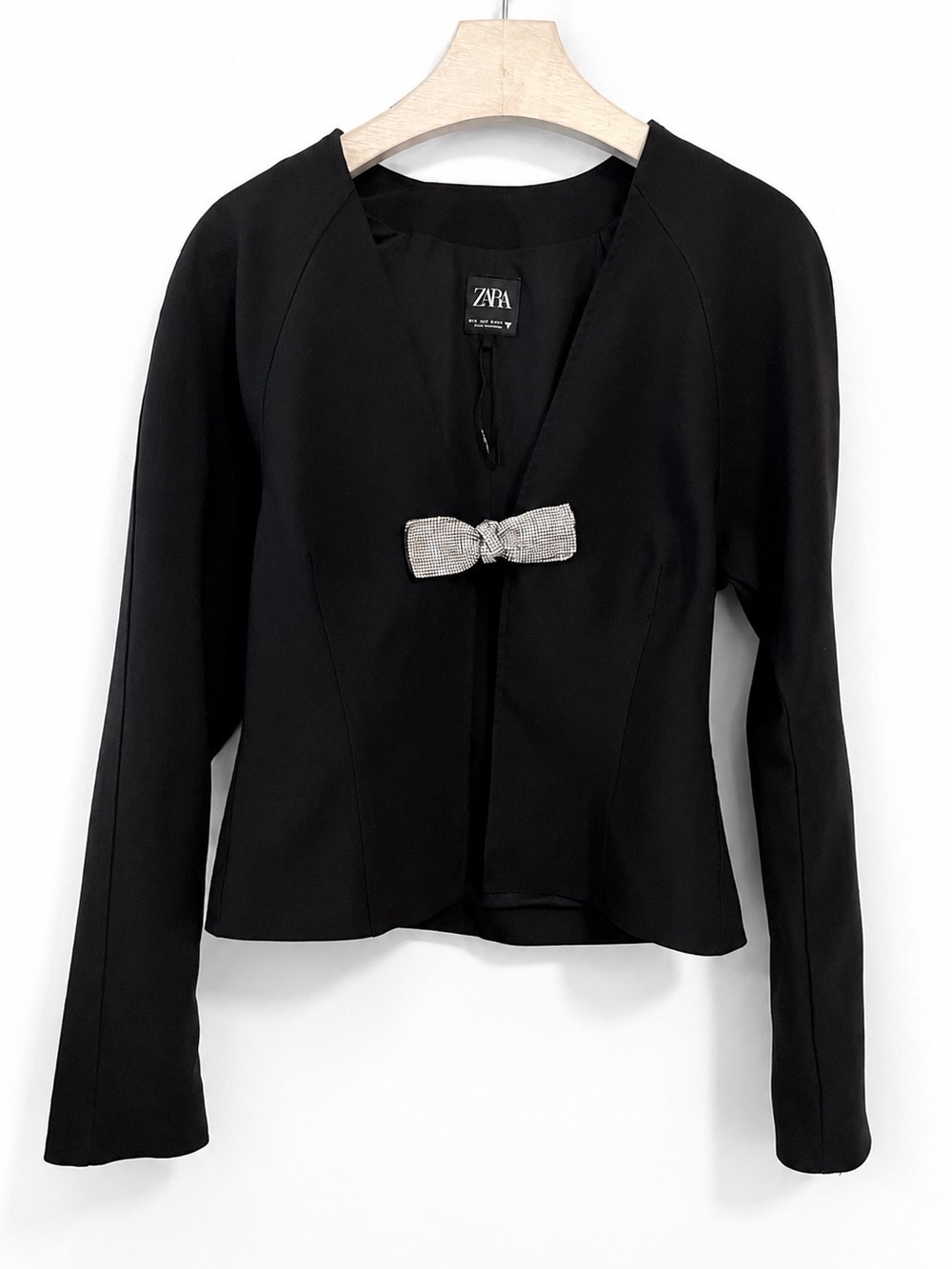 Zara Jacket Black Small Fitted Rhinestone Bow V-Neck Party Event